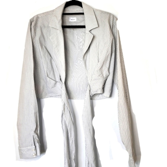 Sheike top pin striped long sleeve notch collar wrap shirt - size 10 - Picture 7 of 10